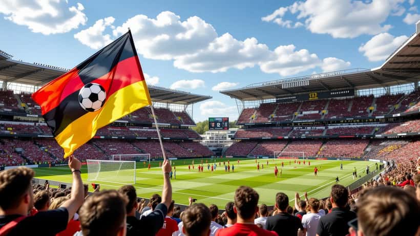 Stade de football avec drapeaux espagnol et belge pour le match Espagne – Belgique 2026