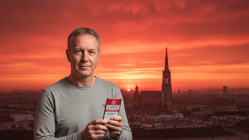 Österreicher prüft Luftqualität auf Handy mit rotem Abendhimmel im Hintergrund