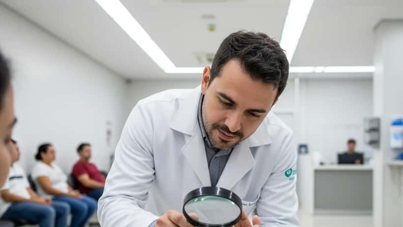 Médico brasileiro examinando o braço de um paciente em pronto-socorro de São Paulo