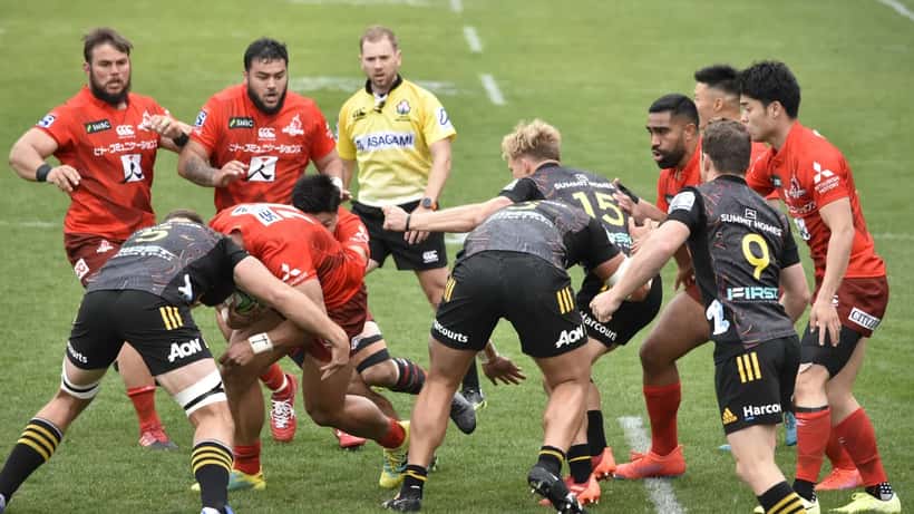 Chiefs rugby players in action during 2020 Super Rugby Pacific match against Sunwolves