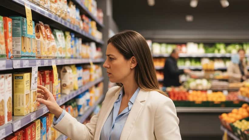 Donna italiana controlla i prezzi al supermercato a Milano nell'aprile 2026