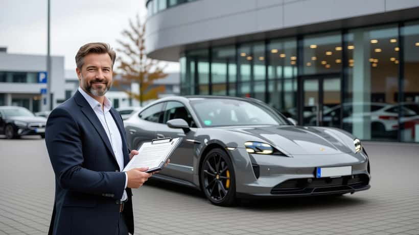 Mann prüft Kostenaufstellung für den Import des chinesischen Elektroautos MG 07 an einem deutschen Autohandel