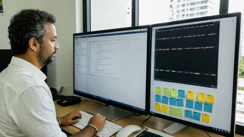 Consultor de TI brasileiro analisando interface de inteligência artificial em escritório moderno de São Paulo