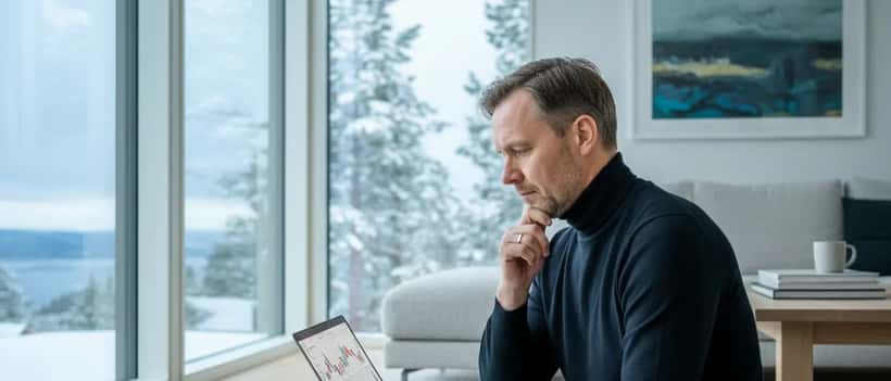 Norsk mann ser på investeringsgrafer på laptop med bekymret ansiktsuttrykk i skandinavisk stue