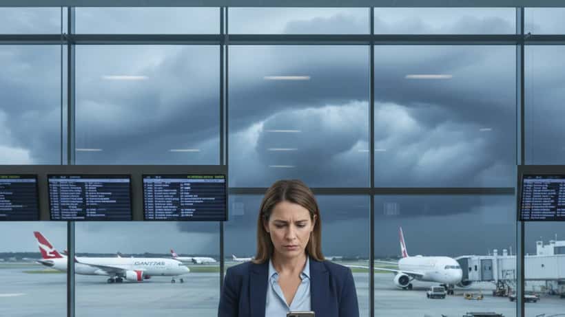 Australian passenger at Sydney Airport looking at phone with concern, stormy cyclone sky visible through departure gate windows