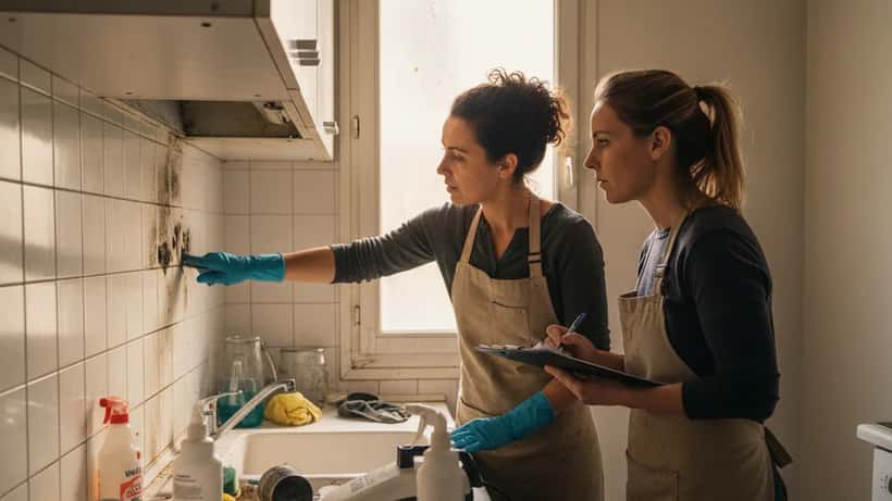Deux femmes en tablier de nettoyage inspectant des moisissures dans une cuisine parisienne