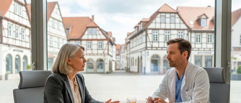 Frau Mitte 50 im ärztlichen Gespräch über Gedächtnisprobleme und Stress in einer modernen deutschen Arztpraxis