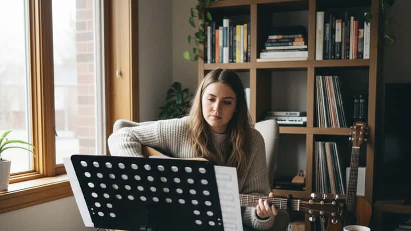 Jeune femme qui joue de la guitare acoustique dans une salle de musique à Montréal, éclairée par la lumière naturelle