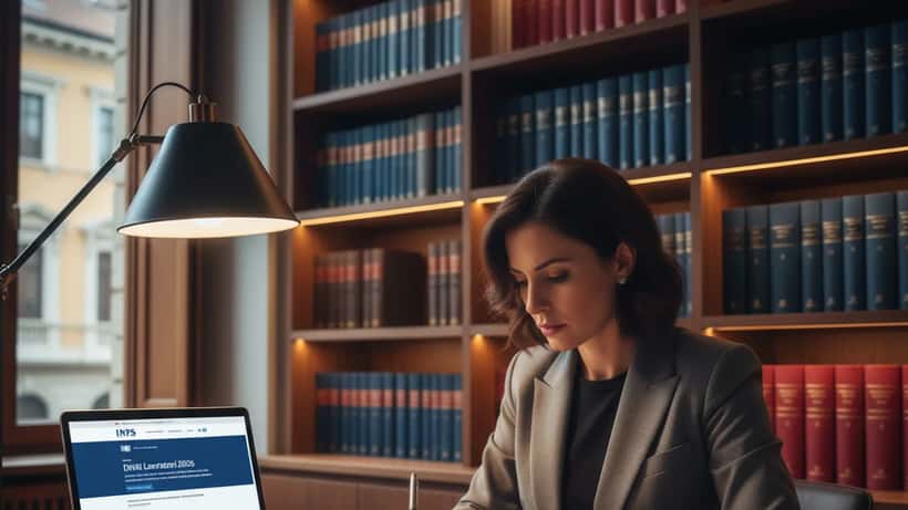 Avvocata italiana che esamina documenti INPS sulla malattia in uno studio legale a Milano