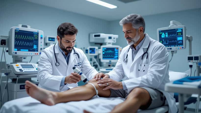 Especialista vascular aplicando Doppler no membro inferior de paciente em consultório de Porto Alegre