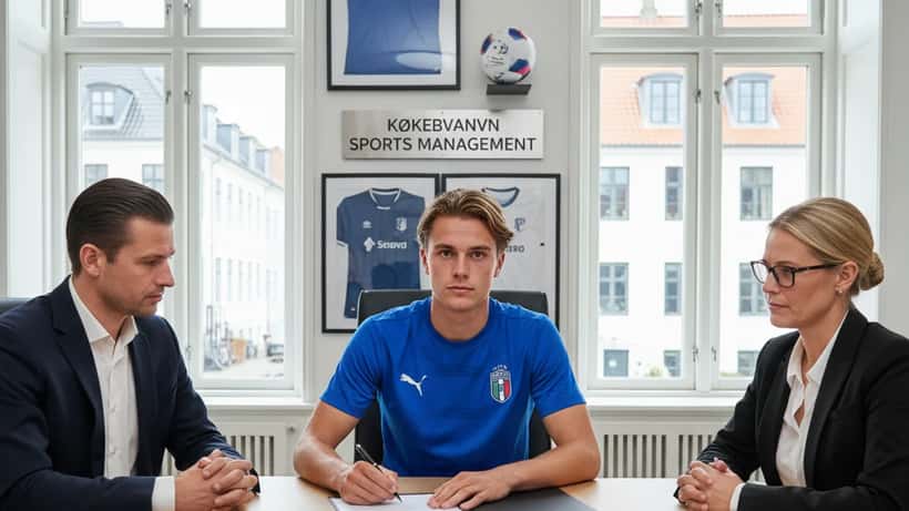 Ung dansk fodboldspiller underskriver kontrakt med agent og advokat i et sportsagentur i København