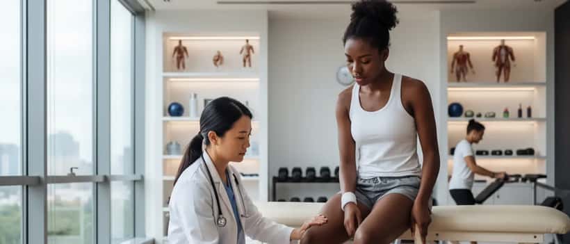 Medico sportivo che visita una tennista in una clinica moderna