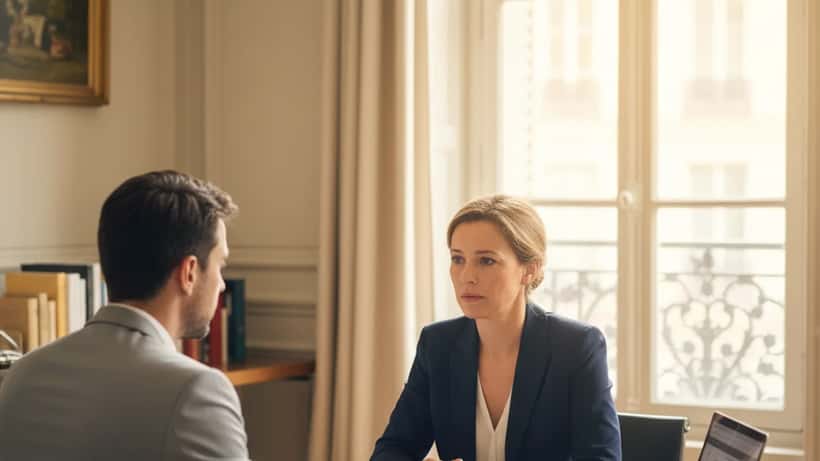 Conseillère financière et client dans un bureau parisien discutant de stratégie patrimoniale face à la crise économique 2026