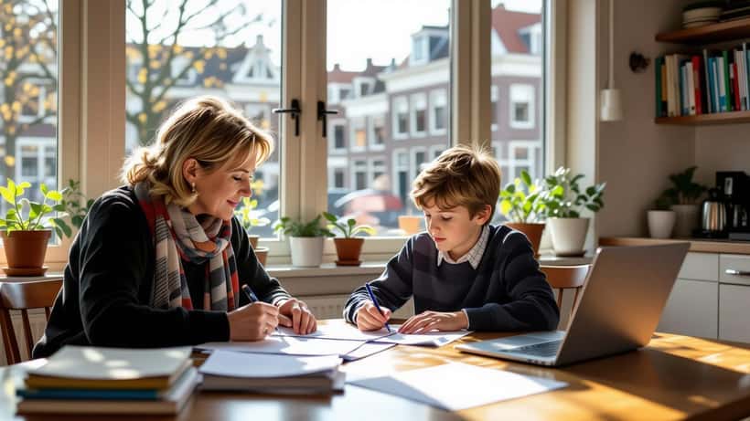 Ouder helpt kind met thuisonderwijs aan keukentafel — leerplicht Nederland 2026