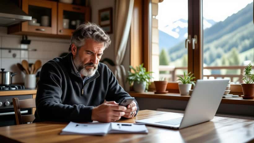 Licencié de tir inquiet devant un SMS suspect, carte de licence et ordinateur posés sur la table