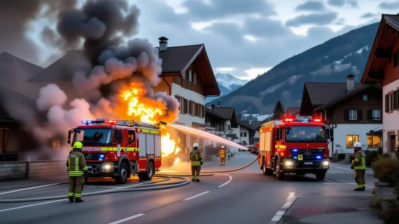 Pompiers luttant contre un incendie d'immeuble résidentiel en Suisse la nuit, flammes et fumée