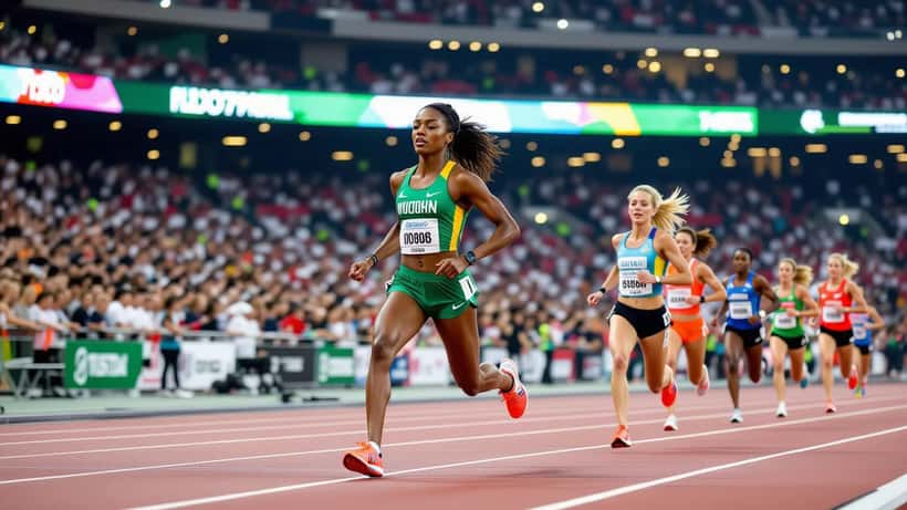Female race walker competing on an indoor athletics track at a major championship