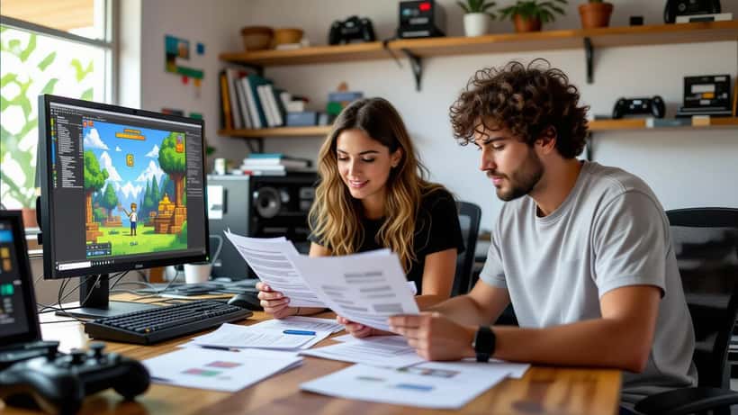 Dois desenvolvedores de jogos revisando contratos ao lado de um monitor com jogo em pixel art