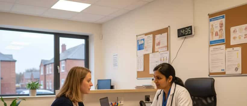 NHS GP consulting a patient about travel health risks from the Cape Verde shigellosis outbreak