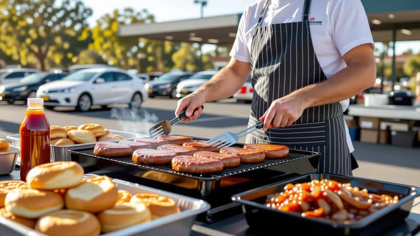 Volunteer cooking sausages at a Bunnings Hardware charity sausage sizzle stall in suburban Australia