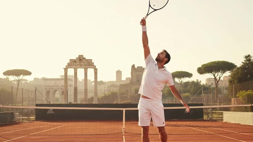 Tennista amatoriale italiano sul campo in terra rossa a Roma con tutore al gomito