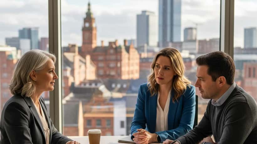 Wealth advisor consulting a couple about UK property investment strategy in a Manchester office