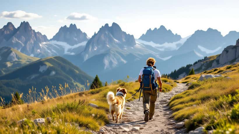 Escursionista con un cane al guinzaglio su un sentiero delle Dolomiti di Sesto con le Tre Cime sullo sfondo in una giornata estiva