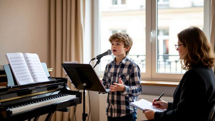 Enfant de 10 ans chantant devant un micro dans une salle de cours de musique à Paris, coach en arrière-plan