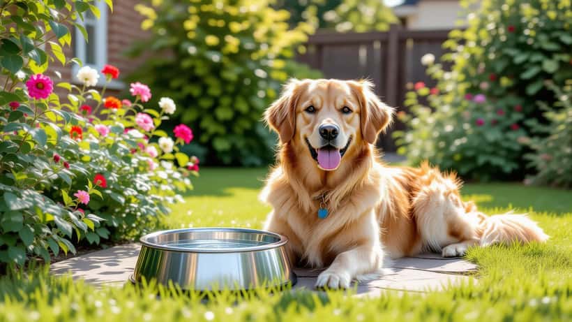 Golden retriever resting in a shady garden with a water bowl on a hot summer day