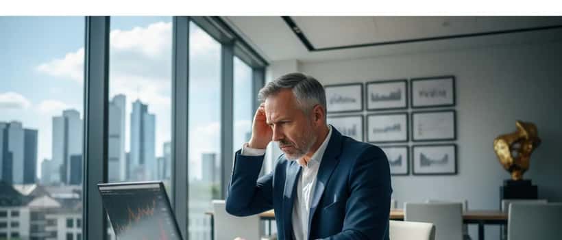 Anleger schaut besorgt auf Goldpreis-Chart auf dem Laptop in modernem Büro