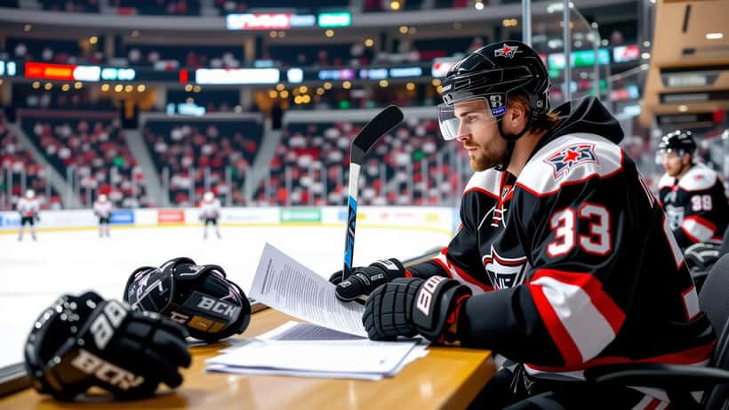 Joueur de hockey professionnel en équipement complet sur la glace lors d'un match des Championnats du monde IIHF 2026