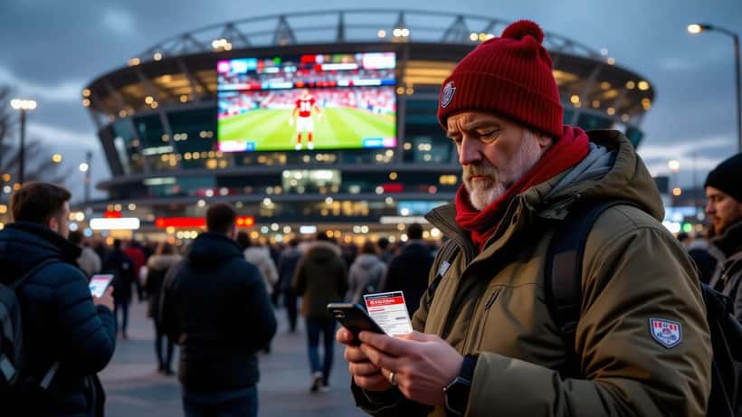 UK football fan outside Brussels stadium holding match tickets and reading injury news on smartphone