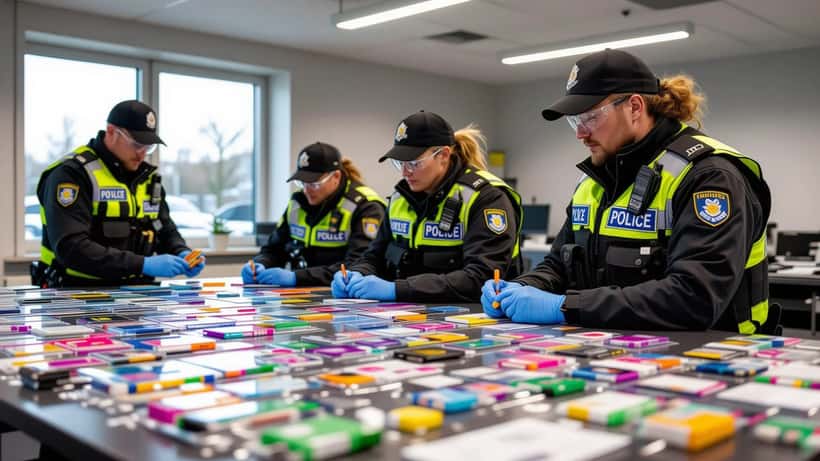 Dansk politi undersøger beslaglagte puffbars og vaping-produkter på en politistation
