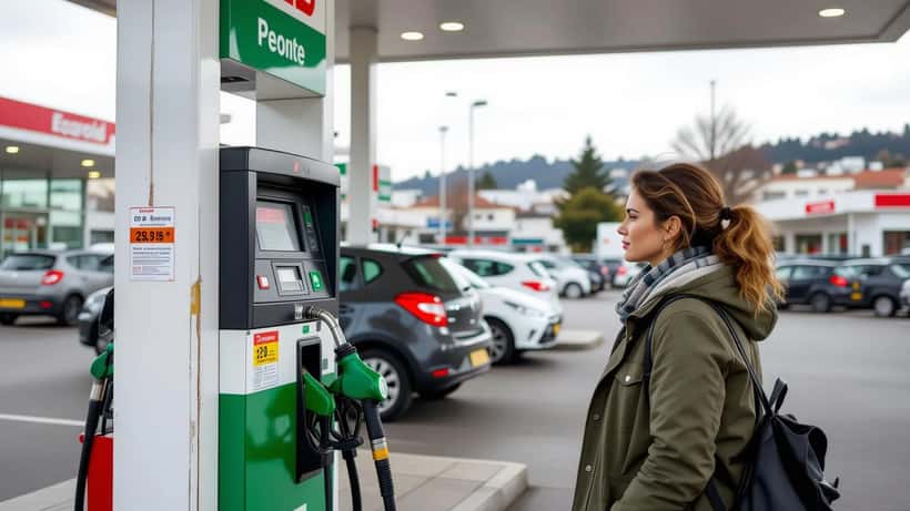 Mulher portuguesa a olhar para o painel de preços de combustíveis numa bomba de gasolina em Lisboa