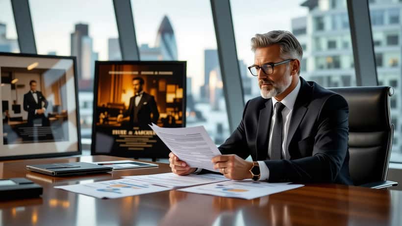 British professional reviewing film contracts and financial projections in a London office meeting room