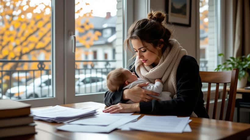 Jeune mère tenant un nourrisson entourée de documents de succession à Montréal