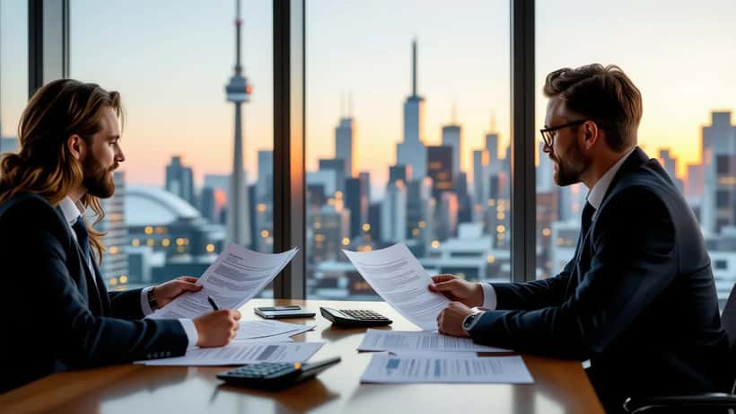 Financial advisor and client reviewing disability insurance documents in a Toronto office