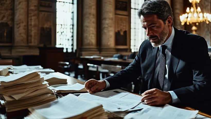 Avvocato italiano che esamina documenti legali in un corridoio del tribunale