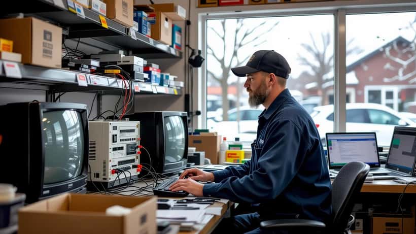 Consumer electronics technician examining a melted surge protector in a Toronto repair shop during severe storm season 2026
