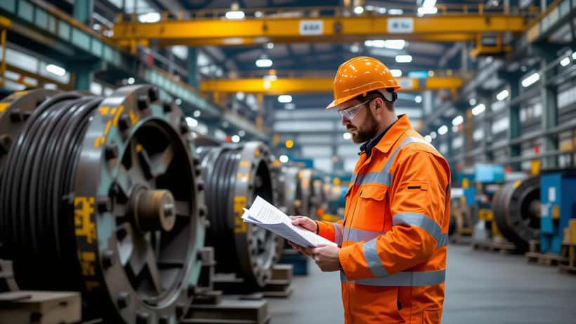 Industriarbeider i oransje verneklær gjennomgår kontrakt ved kabeltrommel på Nexans-anlegget i Halden