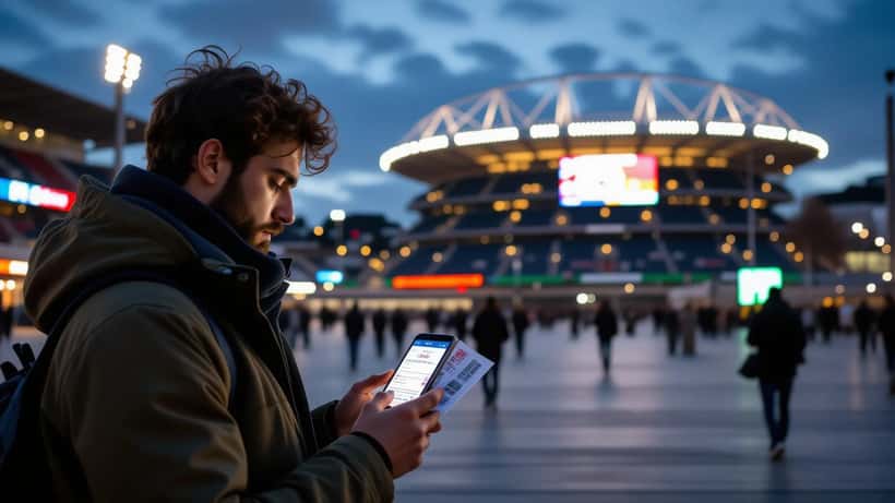 Adepto com bilhetes na mão a ler mensagem de adiamento de evento no telemóvel fora de estádio