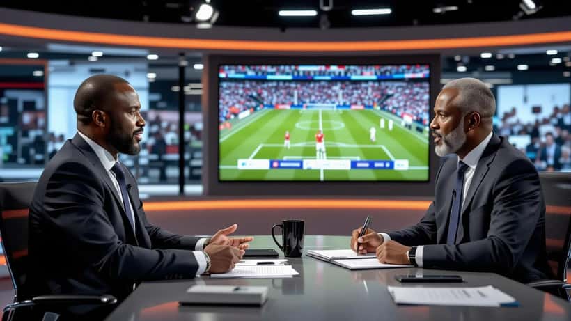 Benni McCarthy in BBC Sport studio at broadcast desk discussing World Cup 2026 tactics with panel