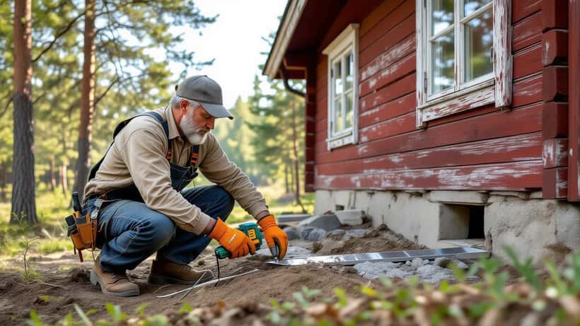 Hantverkare tättar ventilationsgaller på en röd svensk sommarstuga mot skadedjur