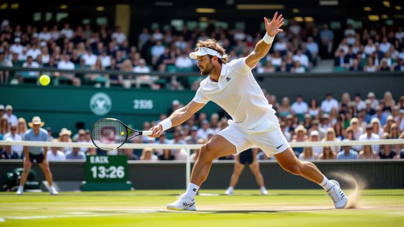 Jack Draper serving on the Wimbledon Centre Court grass during the 2026 championships