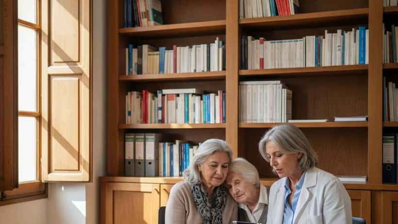 Medico geriatra in consulto con anziana paziente e familiare in studio medico a Roma