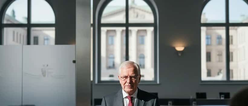 Äldre svensk man i kostym vid ett talpodium med mikrofoner, politisk pressevent
