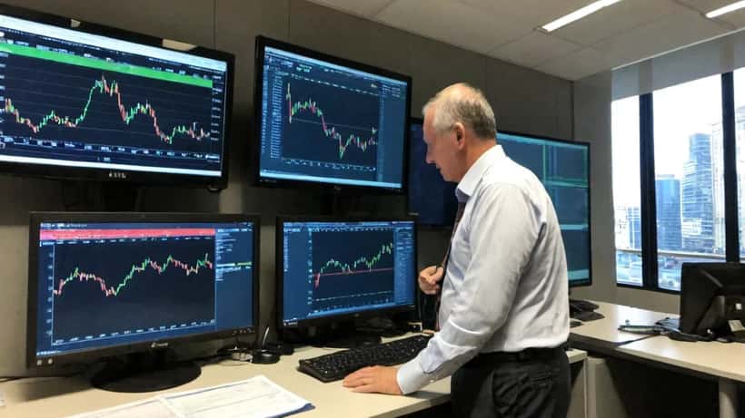 Australian financial adviser reviewing China-Australia trade data on monitors in Sydney office