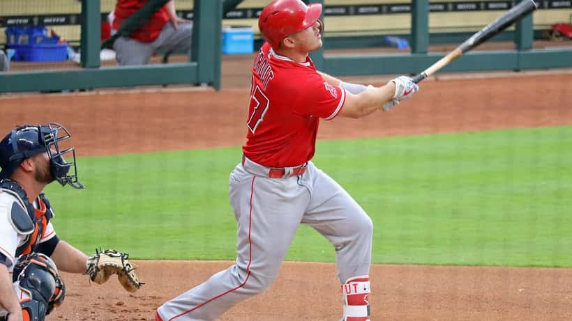 Mike Trout in Los Angeles Angels uniform at bat representing his 2026 comeback season