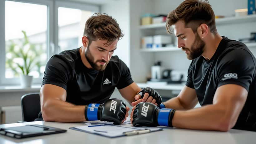 Sports physician examining a fighter's wrapped hand in a clinic