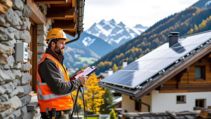 Technicien solaire installant des panneaux photovoltaïques sur une toiture de chalet suisse, Tessin, septembre 2026